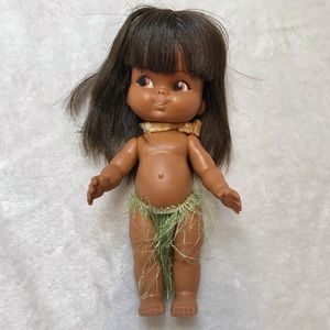 Vintage Japanese Shiba rubber kawaii native doll with hula skirt